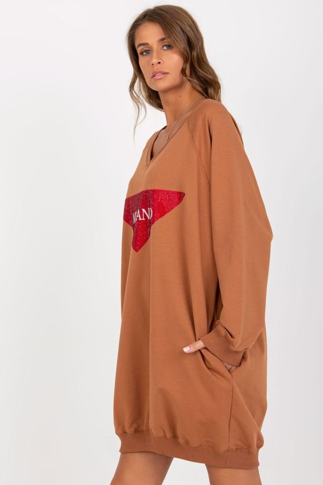 Love Lace Love Lace Women's Long V Neck Sweatshirt with Jet Stone Print in Brown - 2