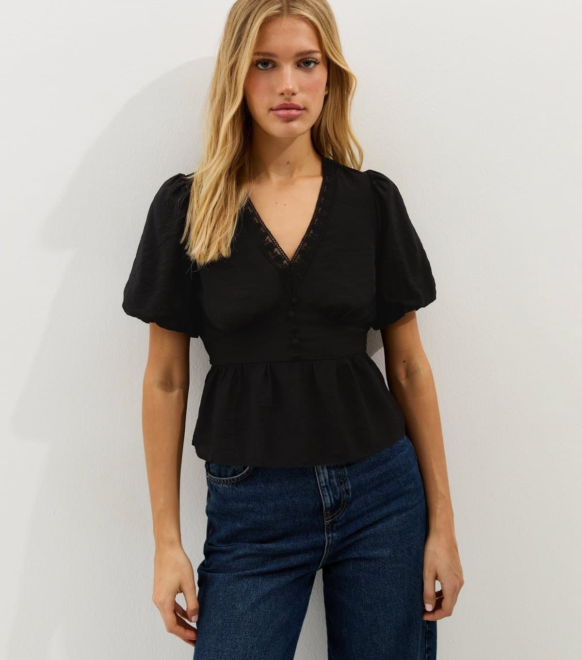 New Look Women's Black Lace Trim Button up Tea Blouse New Look