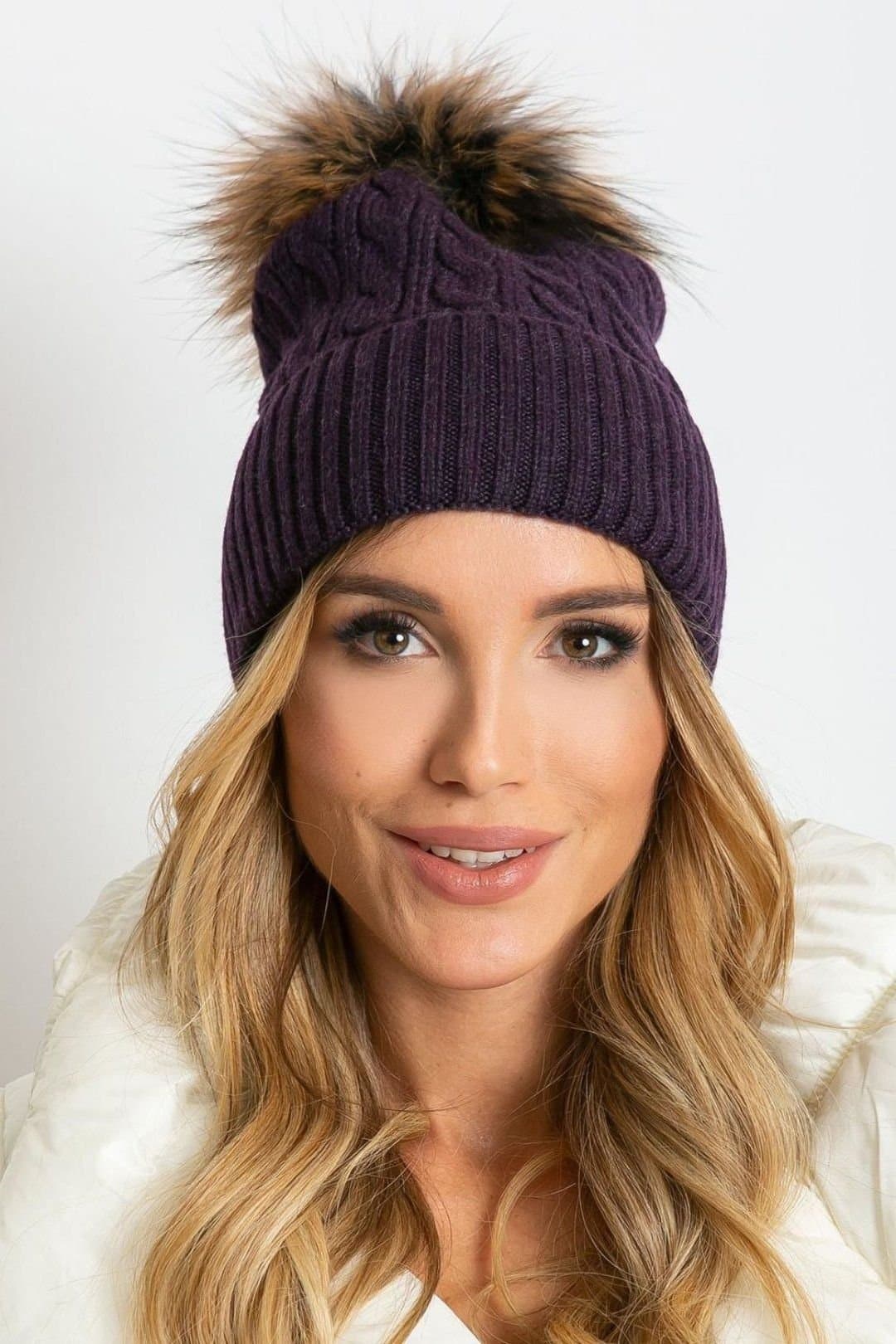 Love Lace Love Lace Women's Winter Hat Wide Cuff Fluffy PomPom Fleece Warm Ribbed Knit Beanie in Violet