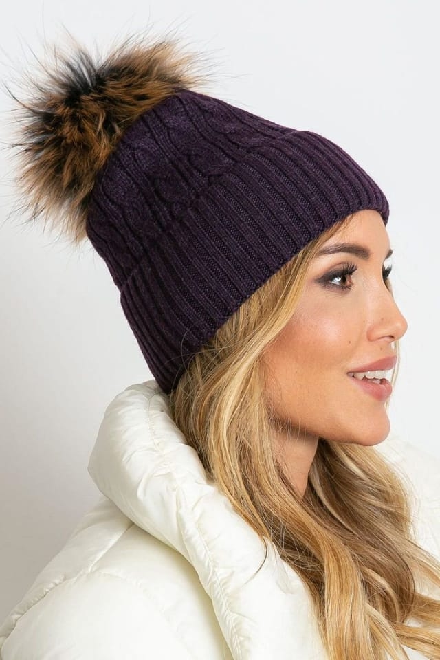 Love Lace Love Lace Women's Winter Hat Wide Cuff Fluffy PomPom Fleece Warm Ribbed Knit Beanie in Violet - 2