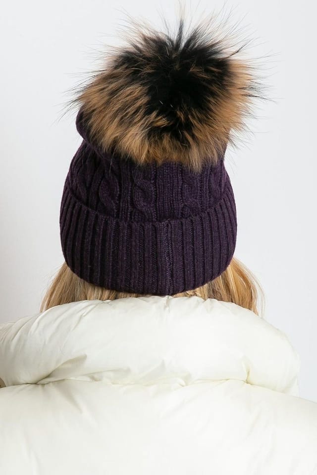 Love Lace Love Lace Women's Winter Hat Wide Cuff Fluffy PomPom Fleece Warm Ribbed Knit Beanie in Violet - 3