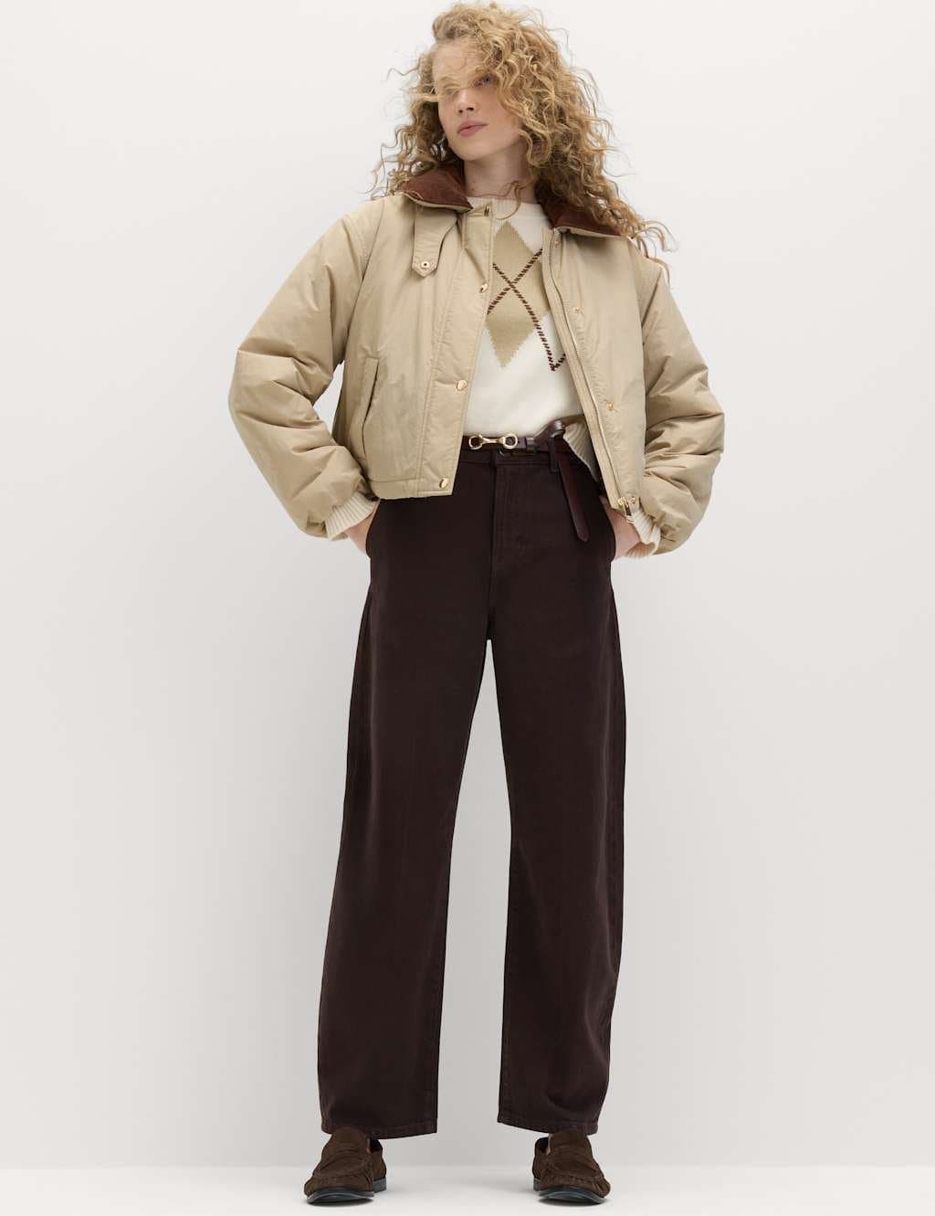 Marks & Spencer M&S Pure Cotton Crease Front Barrel Leg Trousers Bitter Chocolate