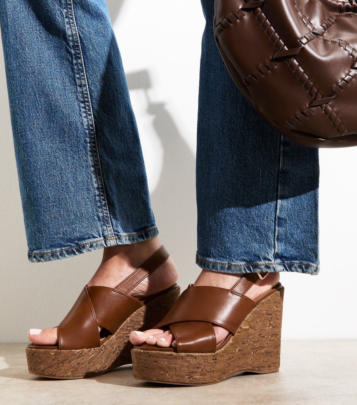 New Look Women's Brown Faux Leather Cork Wedge Sandals Vegan New Look