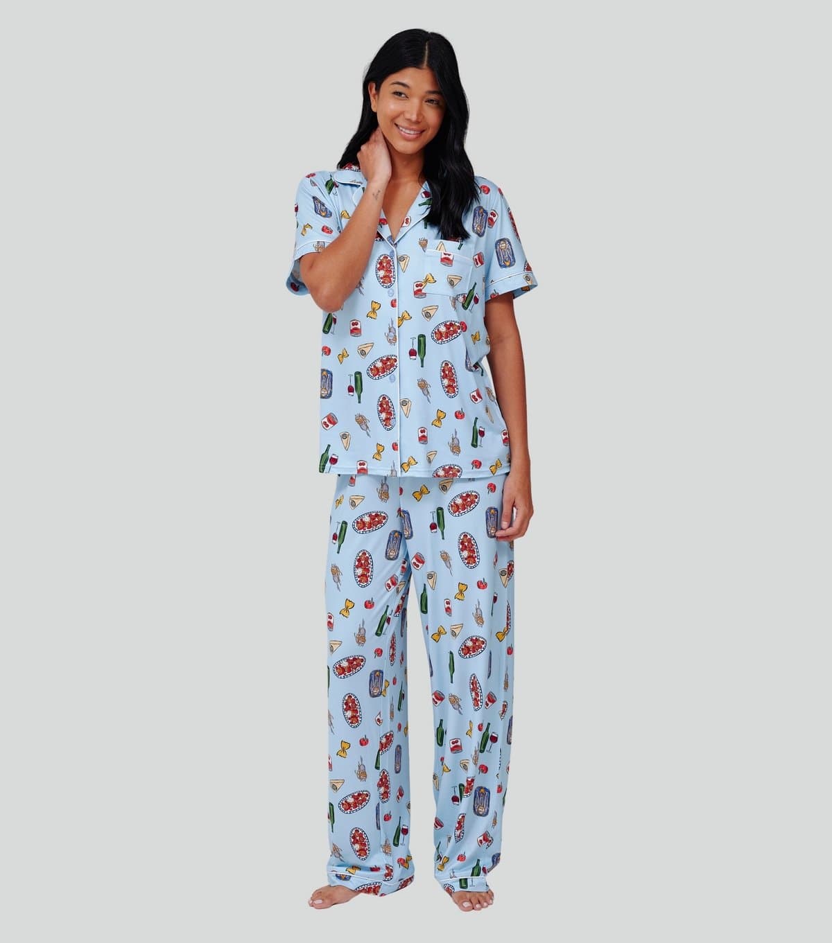 Loungeable Women's Blue Pasta Print Short Sleeve Pyjama Set Loungeable New Look