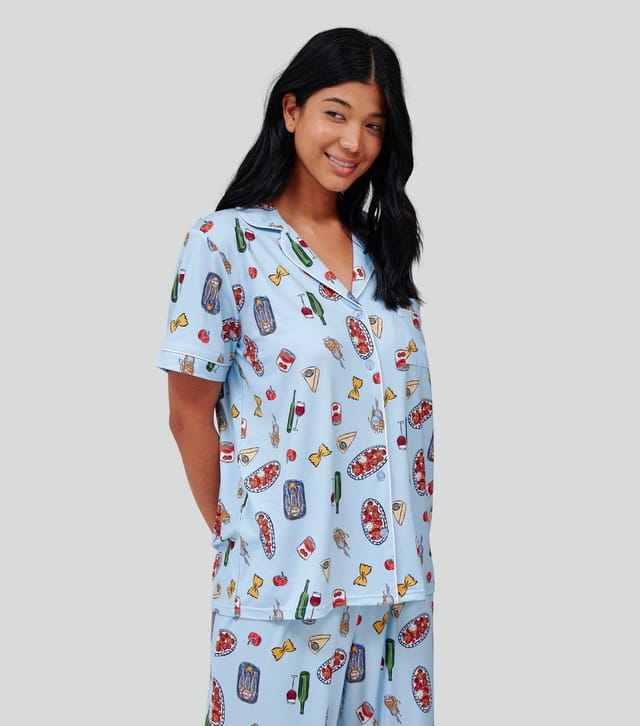 Loungeable Women's Blue Pasta Print Short Sleeve Pyjama Set Loungeable New Look - 2