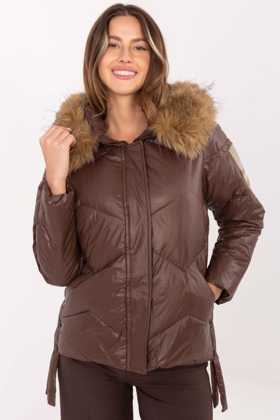 Love Lace Love Lace Women's Quilted Down Jacket with Detachable Fur Hood Style 220640 in Brown