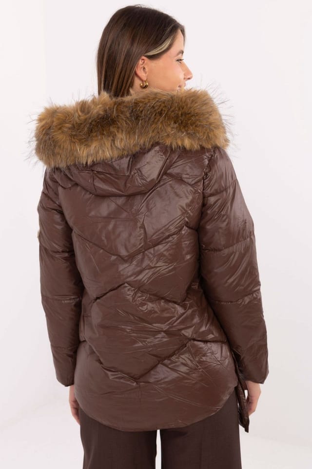 Love Lace Love Lace Women's Quilted Down Jacket with Detachable Fur Hood Style 220640 in Brown - 3