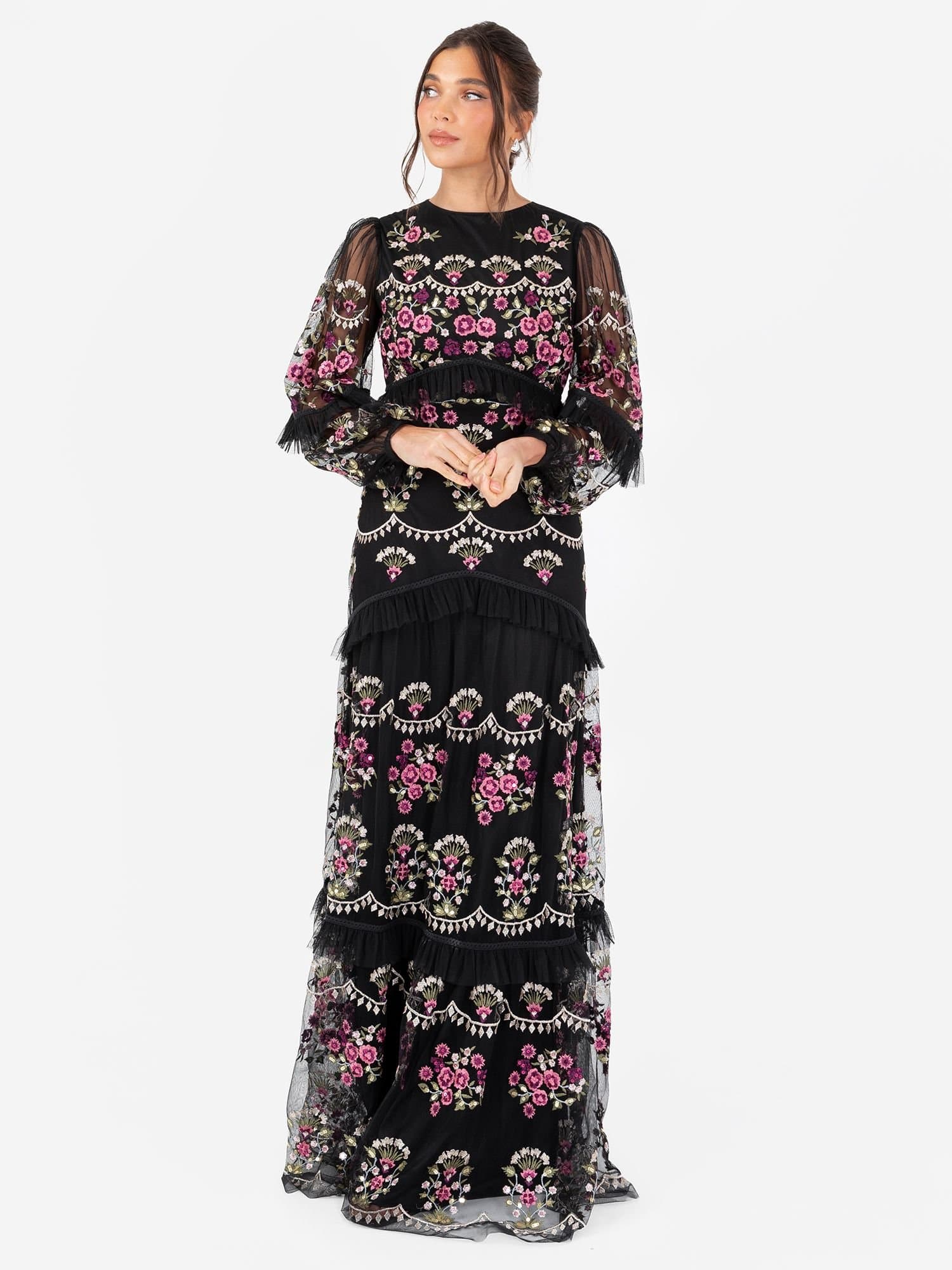 Maya Deluxe Maya Deluxe Women's Embroidered Long Sleeve Maxi Dress in Black