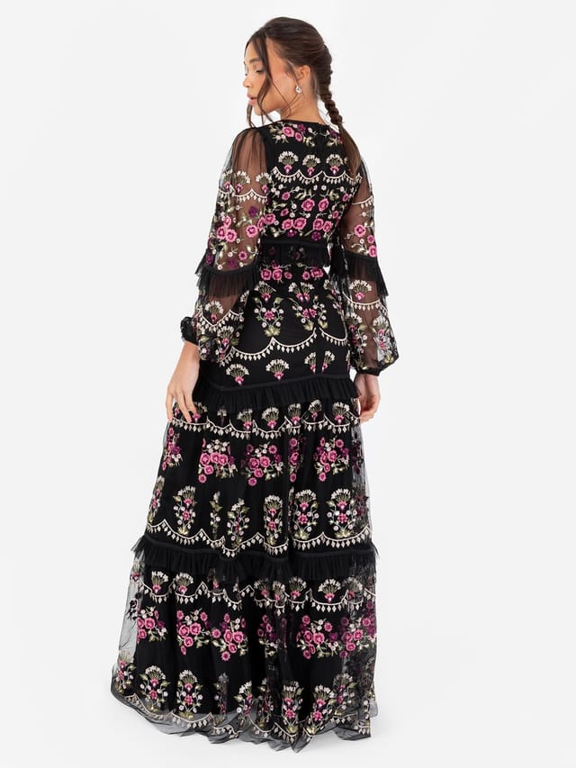 Maya Deluxe Maya Deluxe Women's Embroidered Long Sleeve Maxi Dress in Black - 3