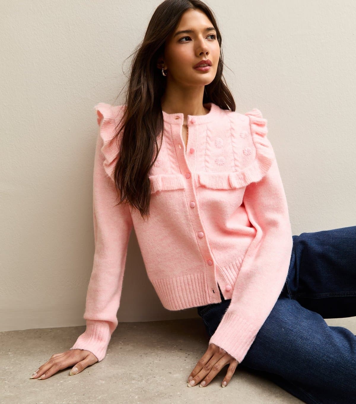 New Look Women's Light Pink Floral Yoke Cardigan New Look