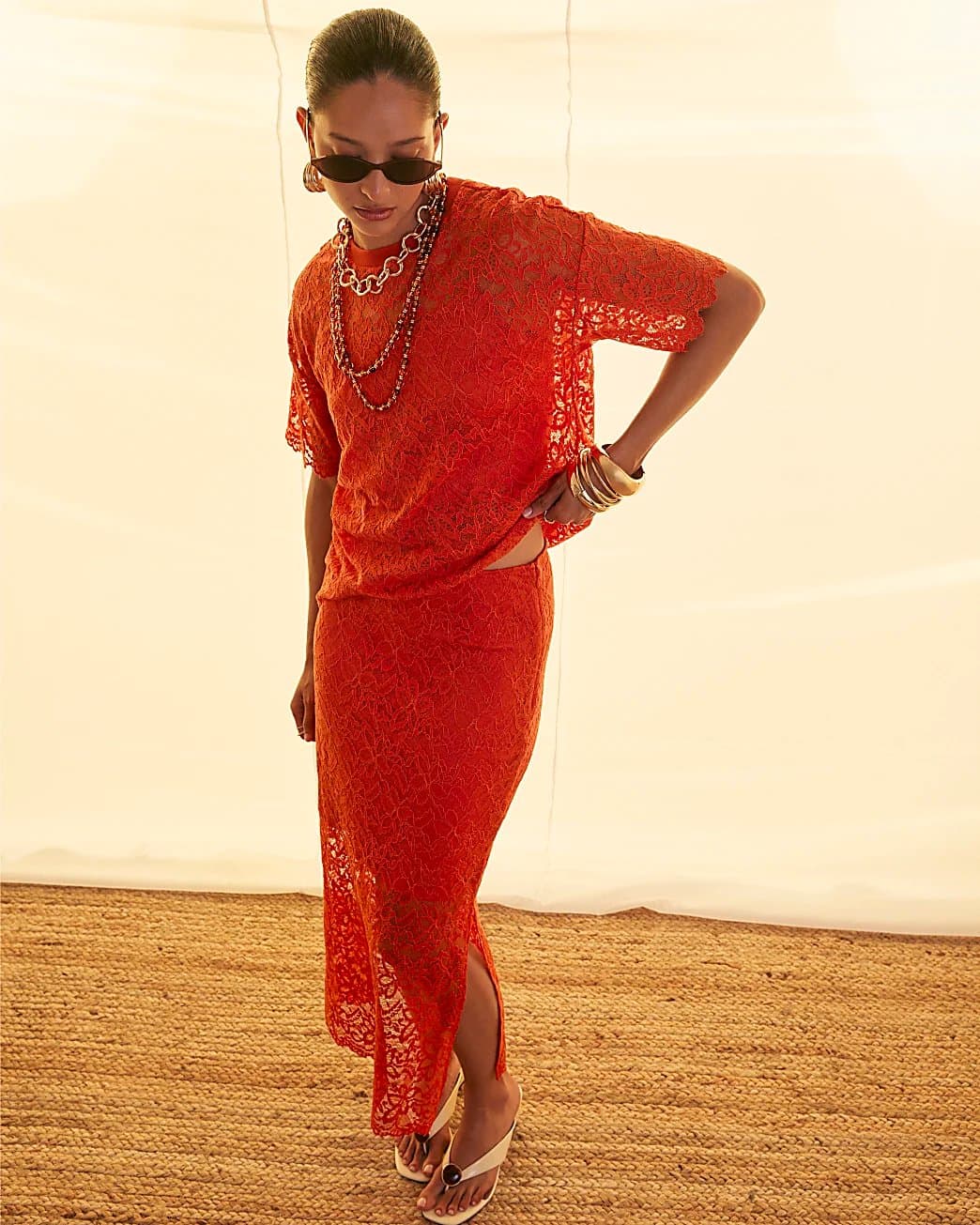 River Island River Island Womens Orange Cotton Blend Lace Midi Skirt