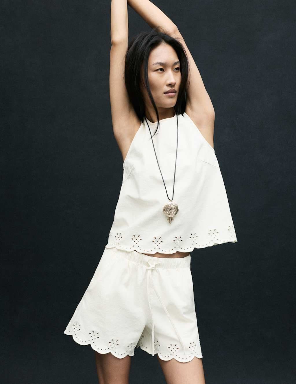 Marks & Spencer M&S Denim Broderie Pull On High Waisted Shorts Soft White