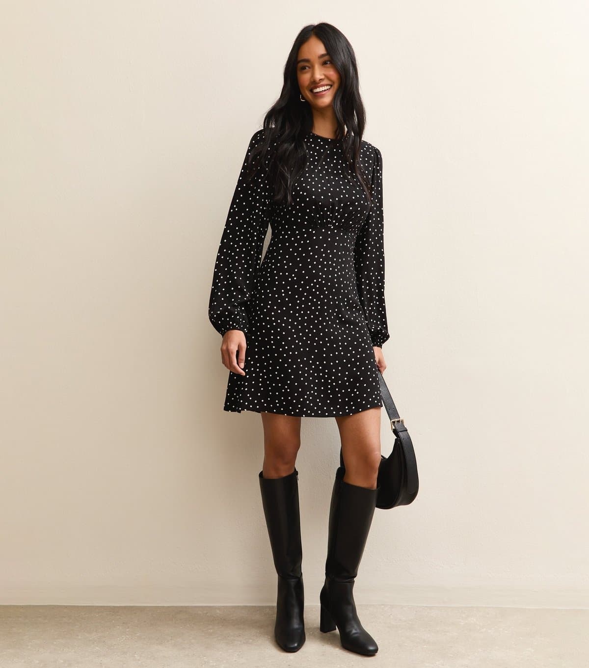 New Look Women's Black Polka Dot Long Sleeve Flutter Mini Dress New Look