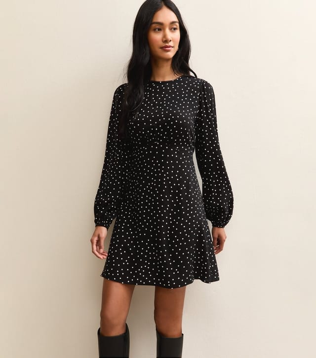 New Look Women's Black Polka Dot Long Sleeve Flutter Mini Dress New Look - 3