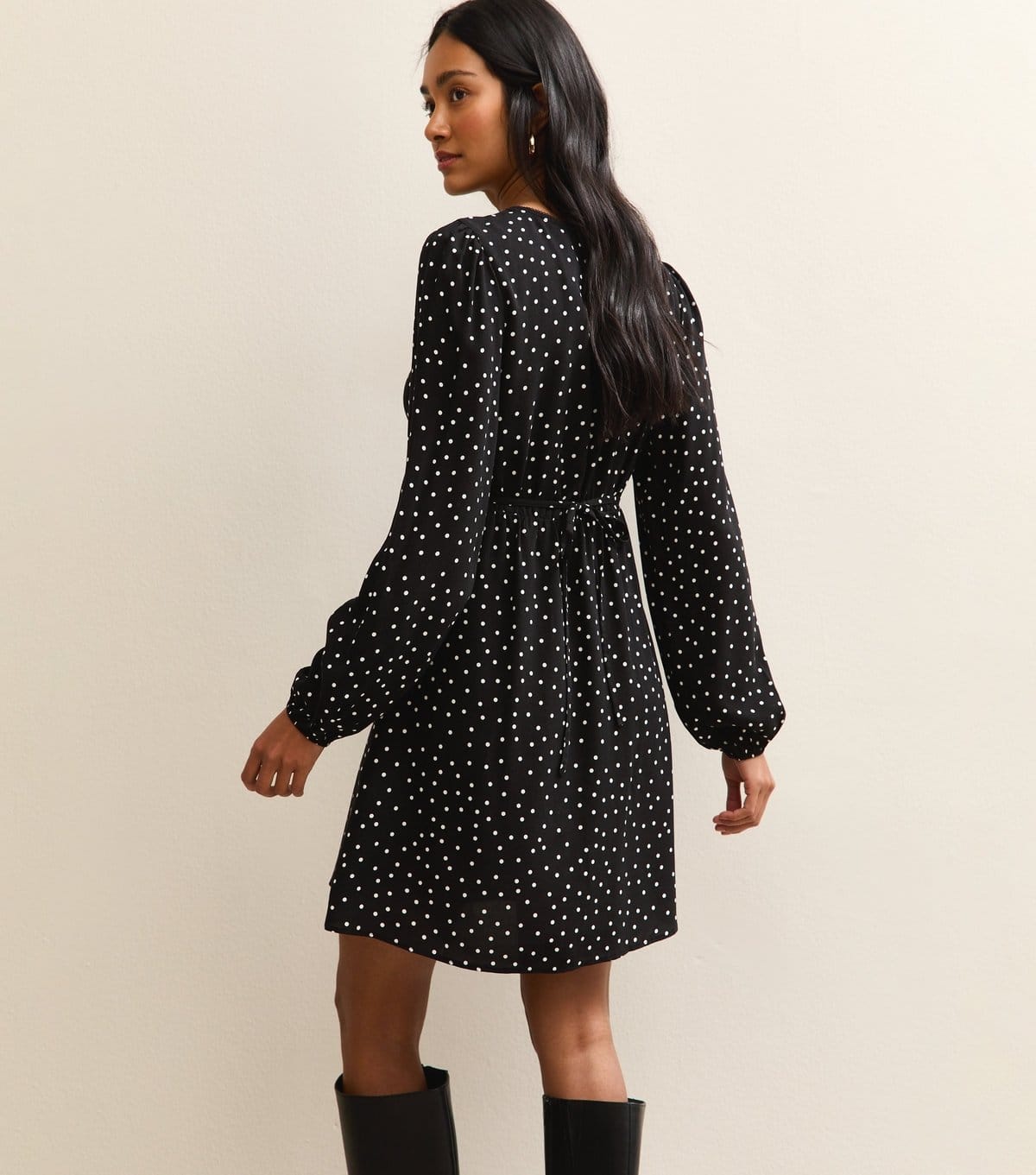 New Look Women's Black Polka Dot Long Sleeve Flutter Mini Dress New Look - 4
