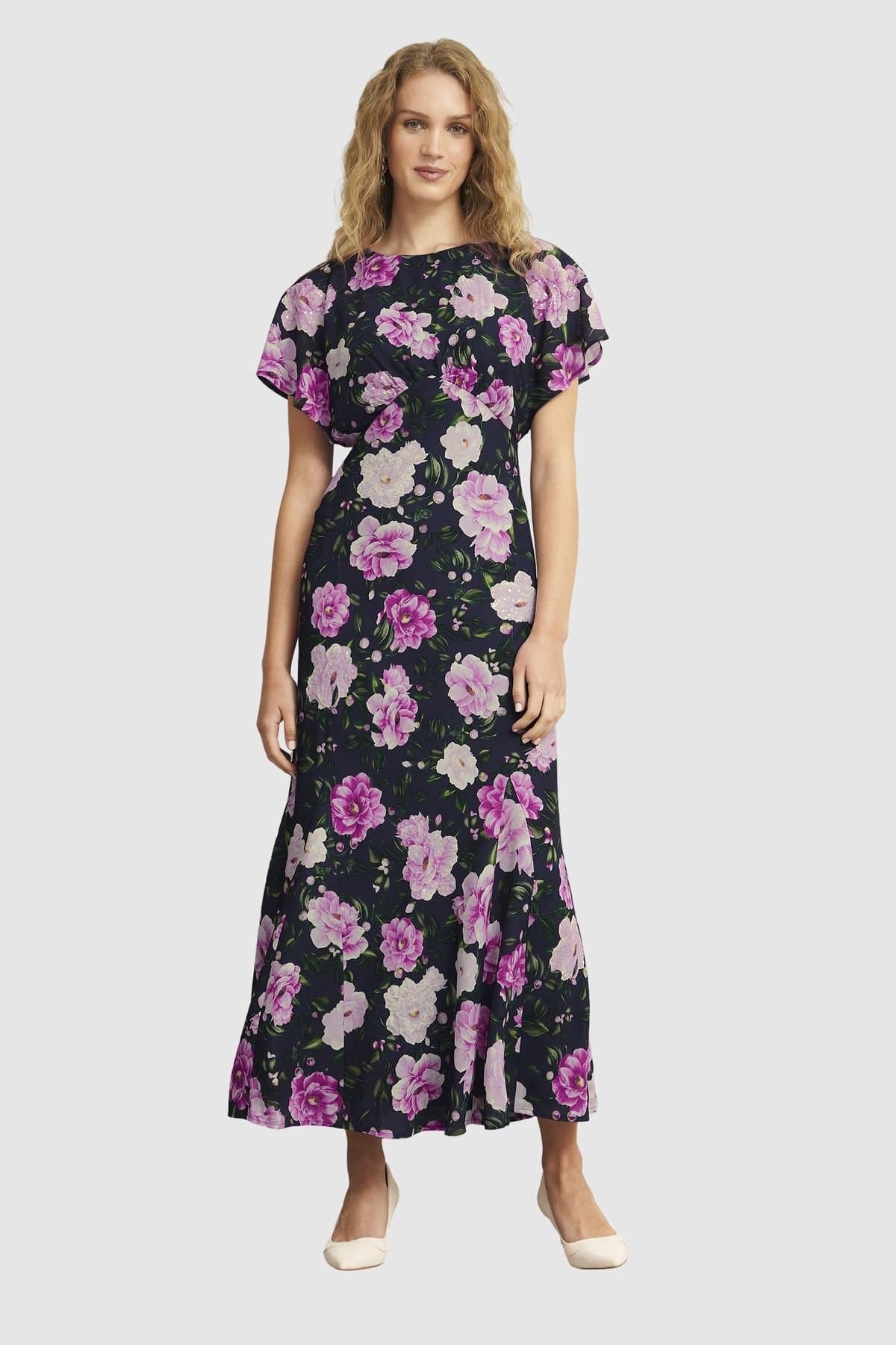 Hobbs London Hobbs London Women's Lalena Short Sleeve Printed Maxi Dress in Dark Navy