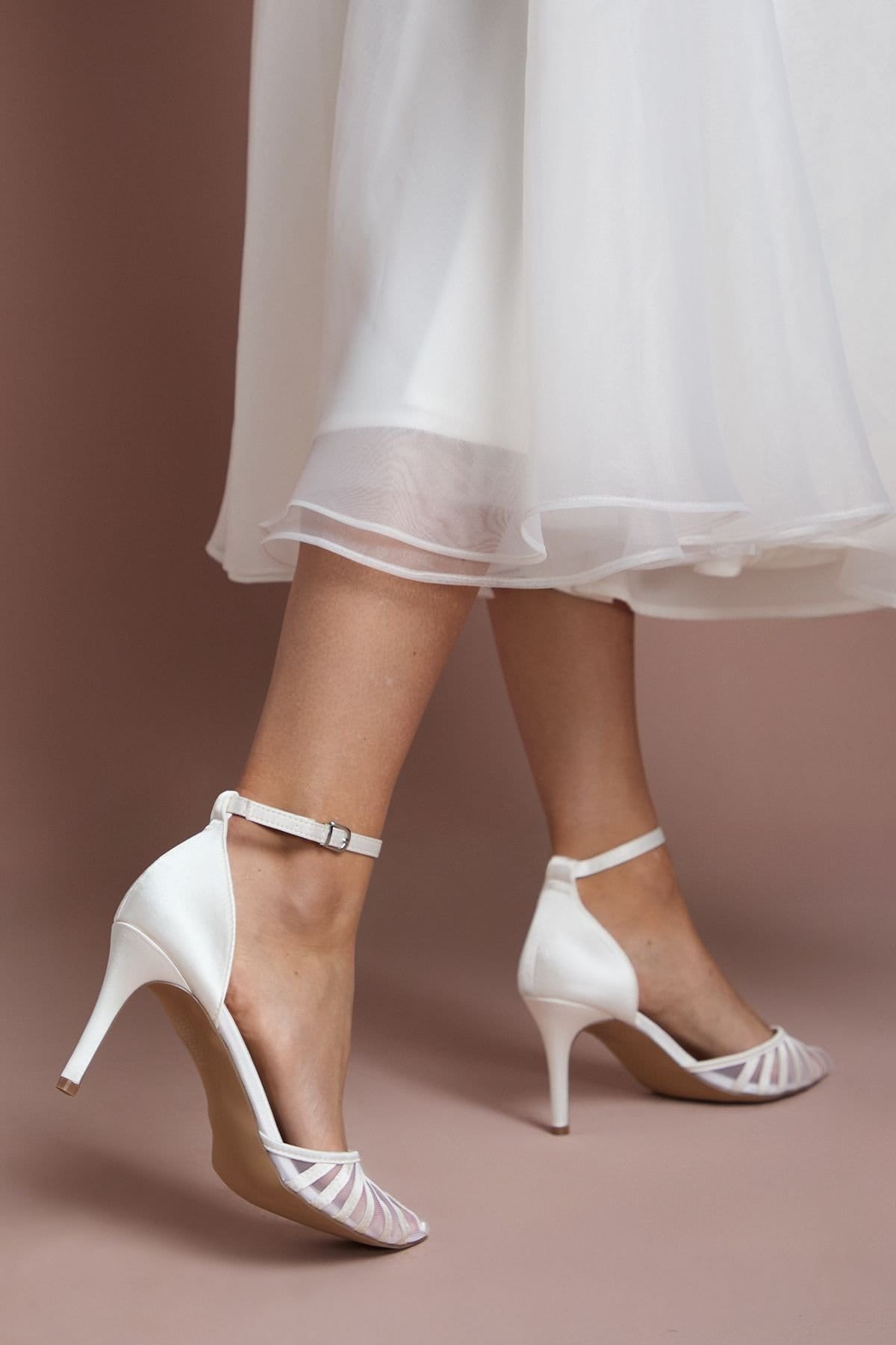 Coast Coast Women's Bridal Krystal Satin Mesh Detail High Stiletto Heel Court Shoes in White - 4