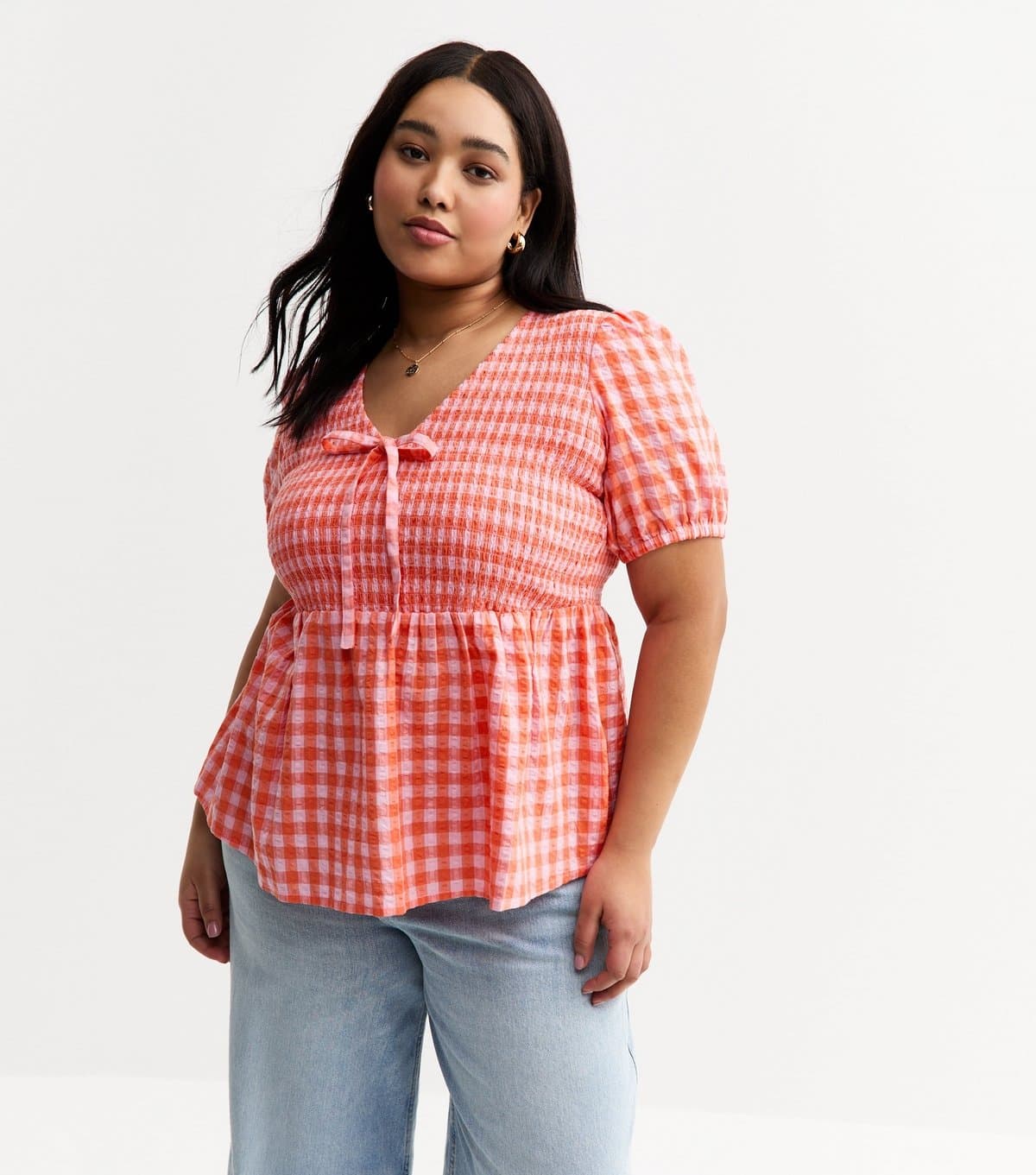 New Look Women's Plus Size Red Gingham Tie Detail Top Curves New Look