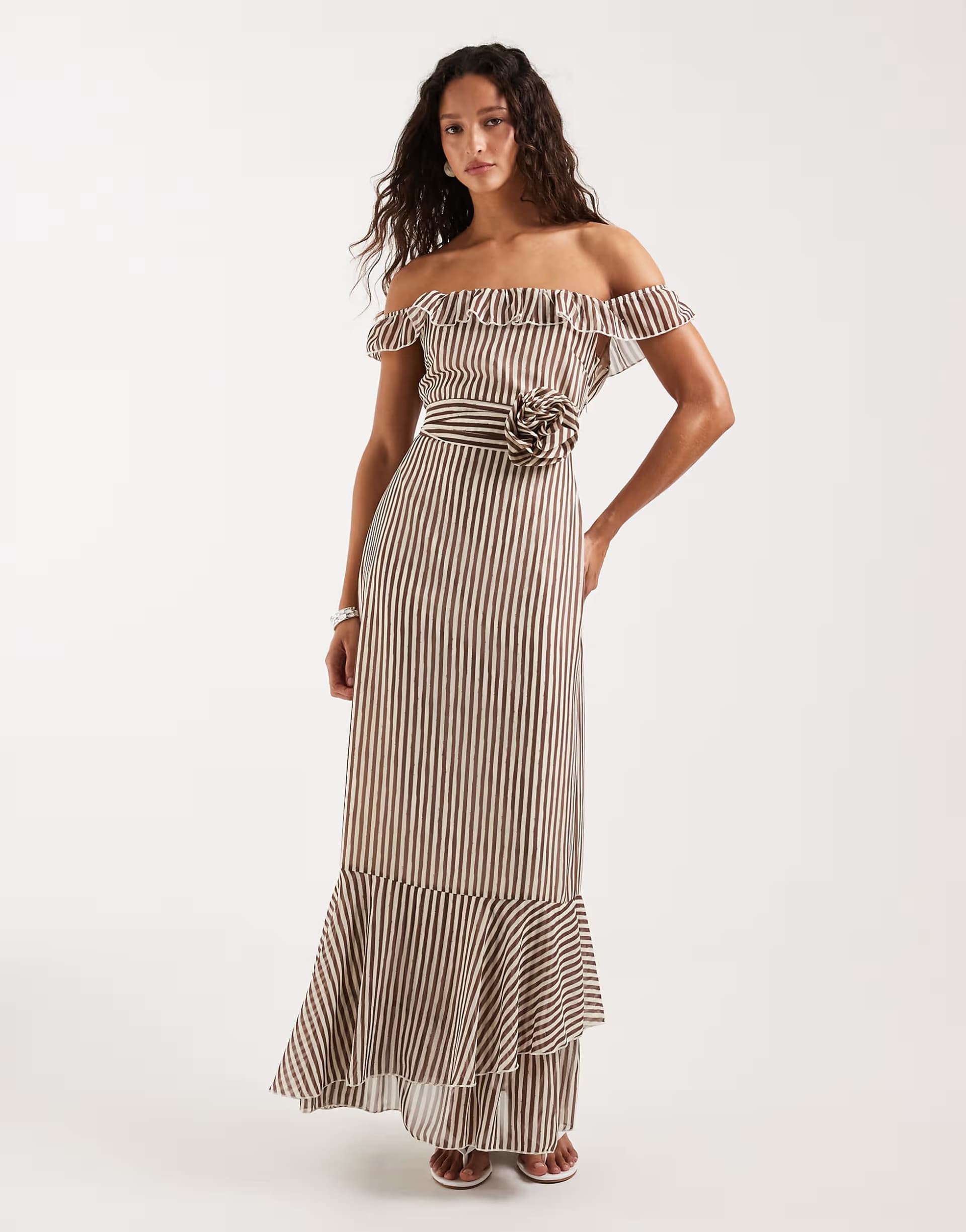 ASOS Pretty Lavish off the shoulder ruffle maxi dress with corsage scarf in brown stripe