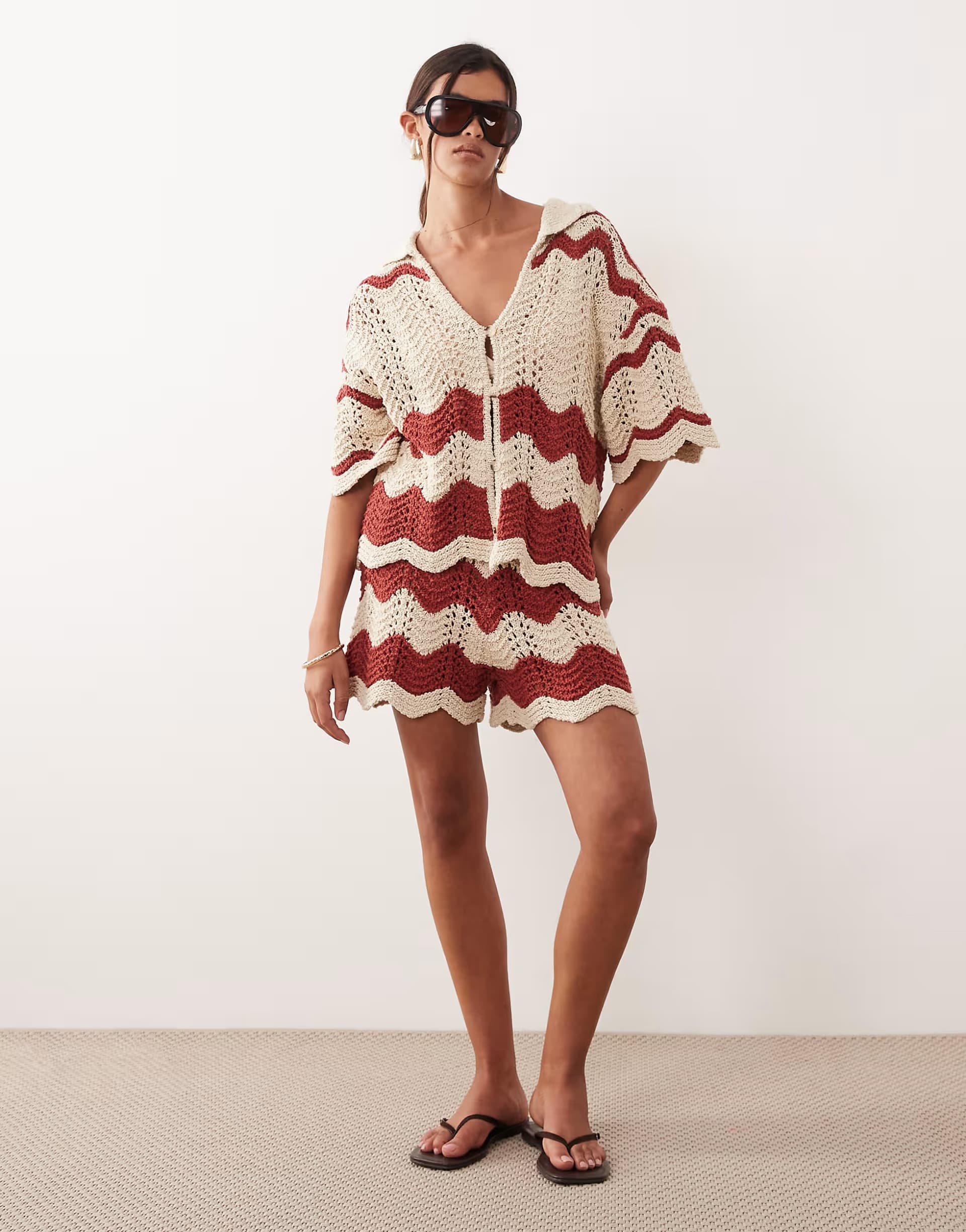 ASOS ARRANGE stripe crochet shorts co-ord in rust and beige