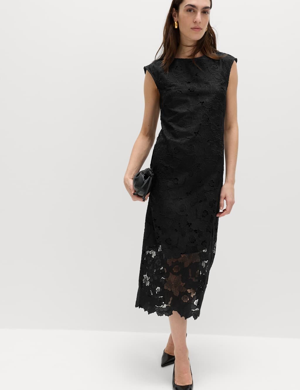 Marks & Spencer M&S Lace Cutwork Detail Midi Column Dress Black - 1