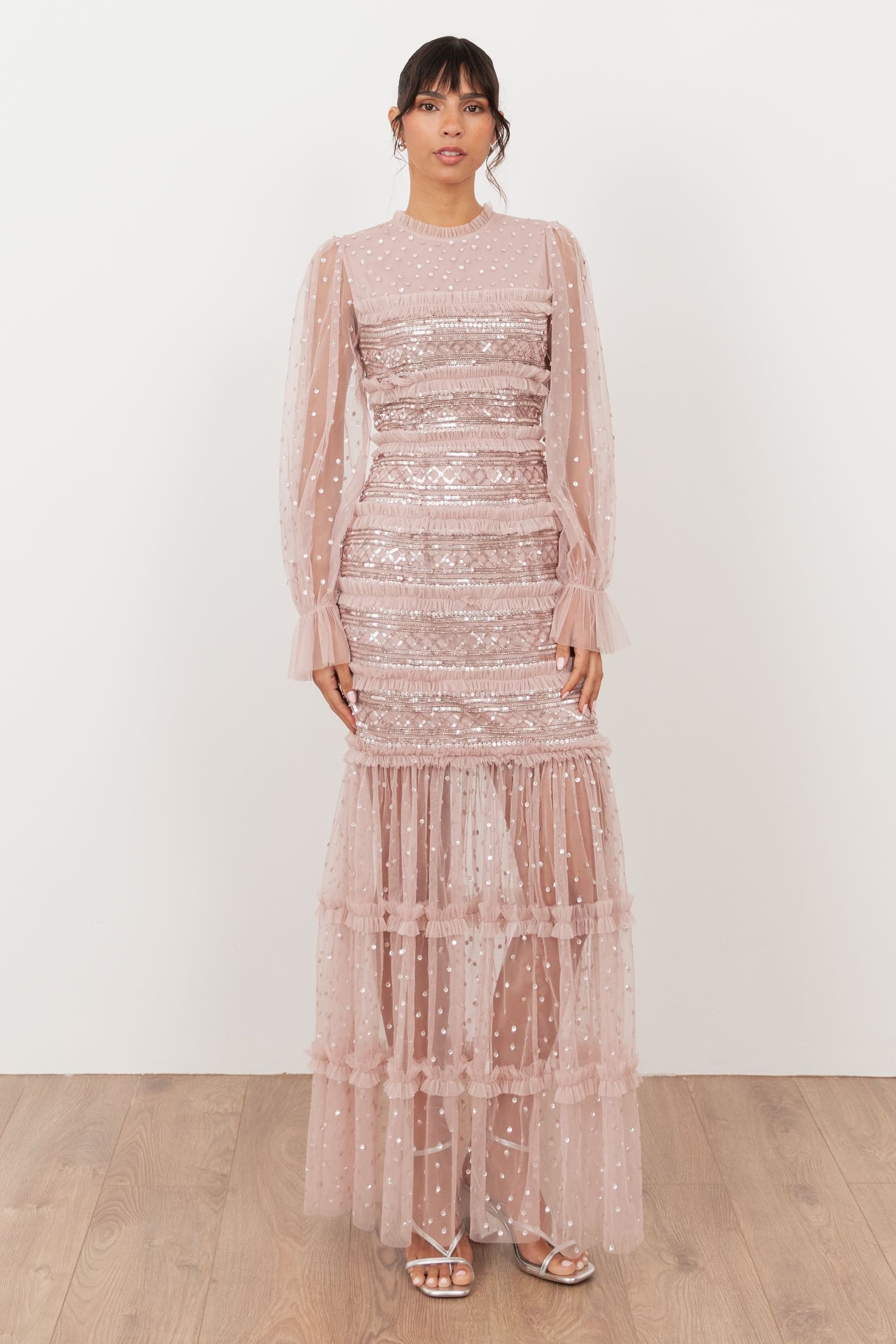 Maya Deluxe Maya Deluxe Women's Embellished Long Sleeve Tulle Maxi Dress in Light Pink