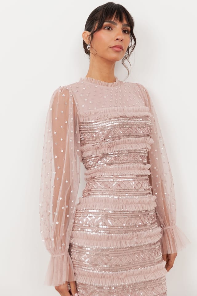 Maya Deluxe Maya Deluxe Women's Embellished Long Sleeve Tulle Maxi Dress in Light Pink - 3