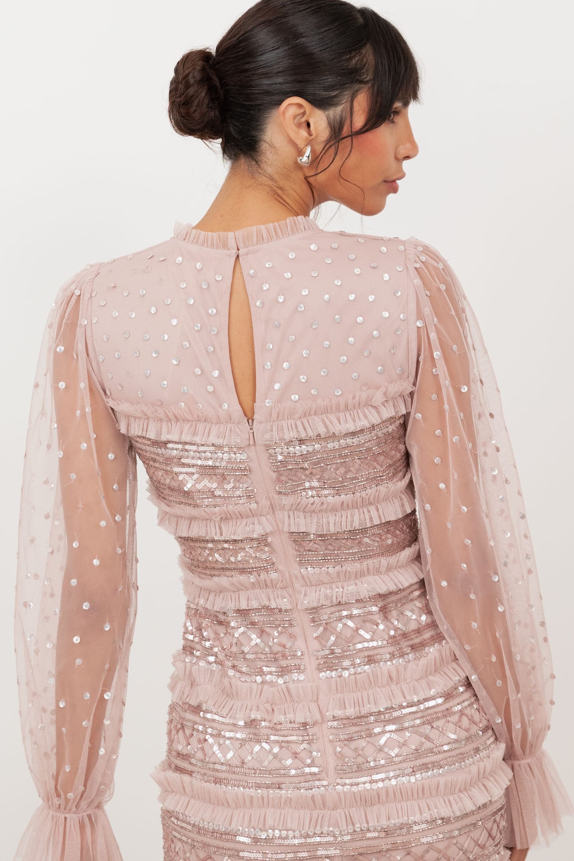 Maya Deluxe Maya Deluxe Women's Embellished Long Sleeve Tulle Maxi Dress in Light Pink - 4