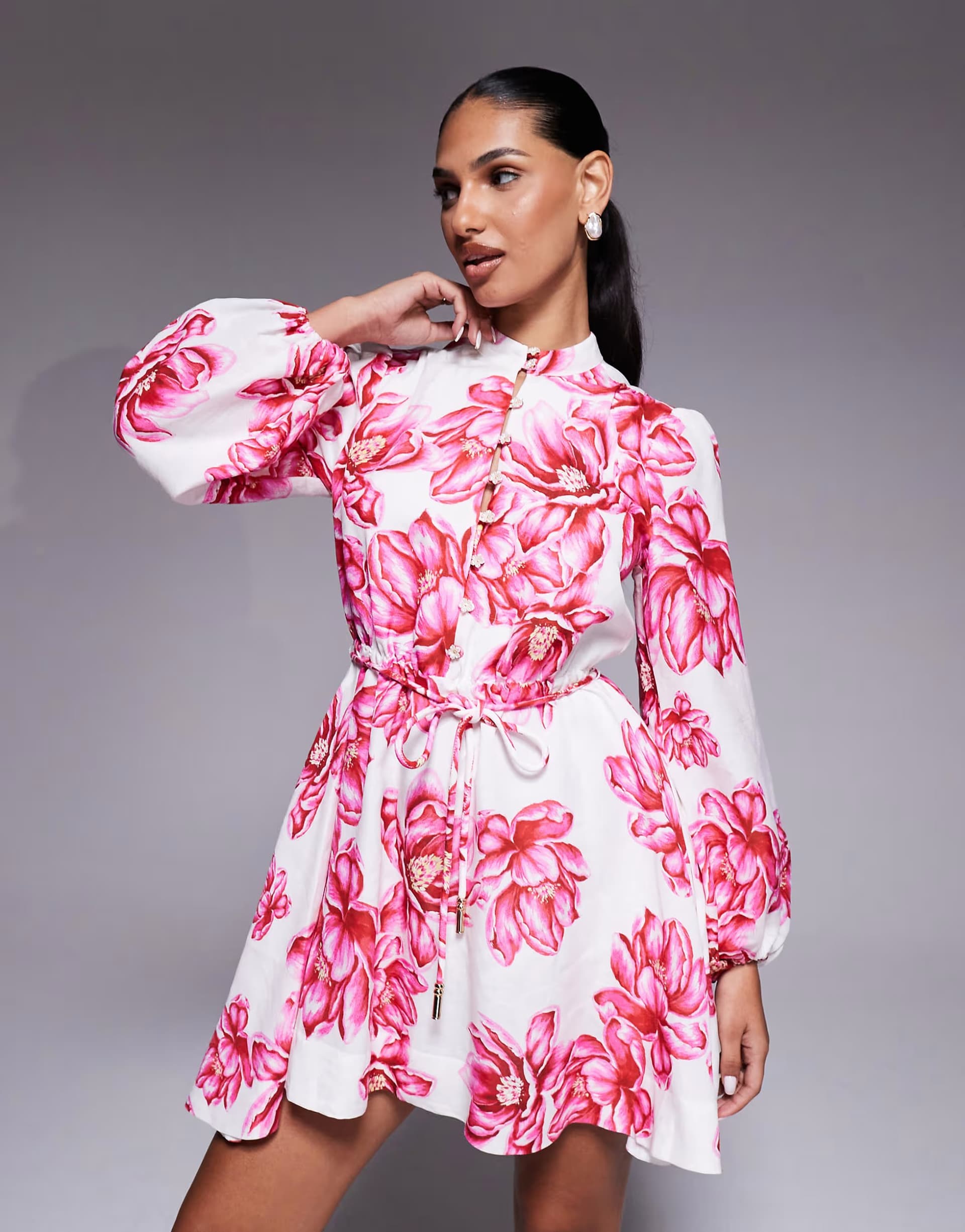 ASOS Forever New button front tie waist mini dress in pink floral