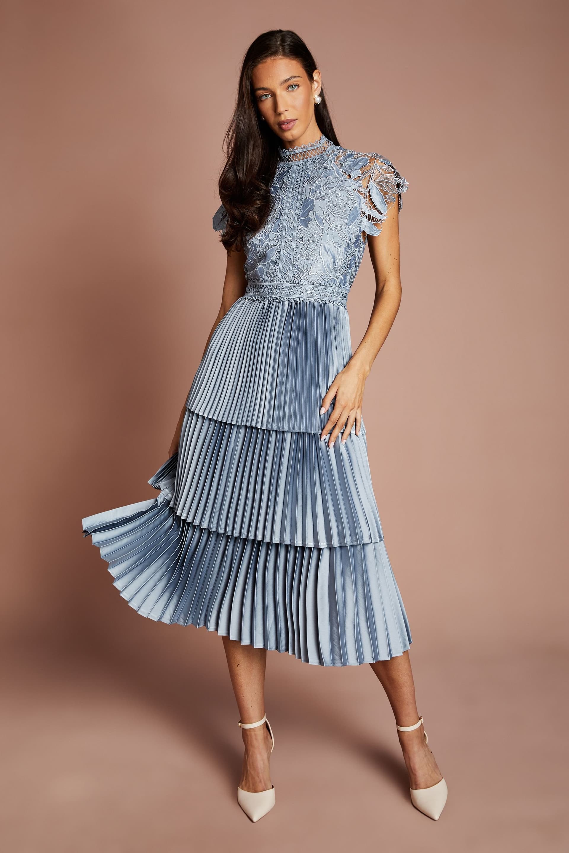 Coast Coast Women's Satin Lace Tiered Dress in Dusty Blue