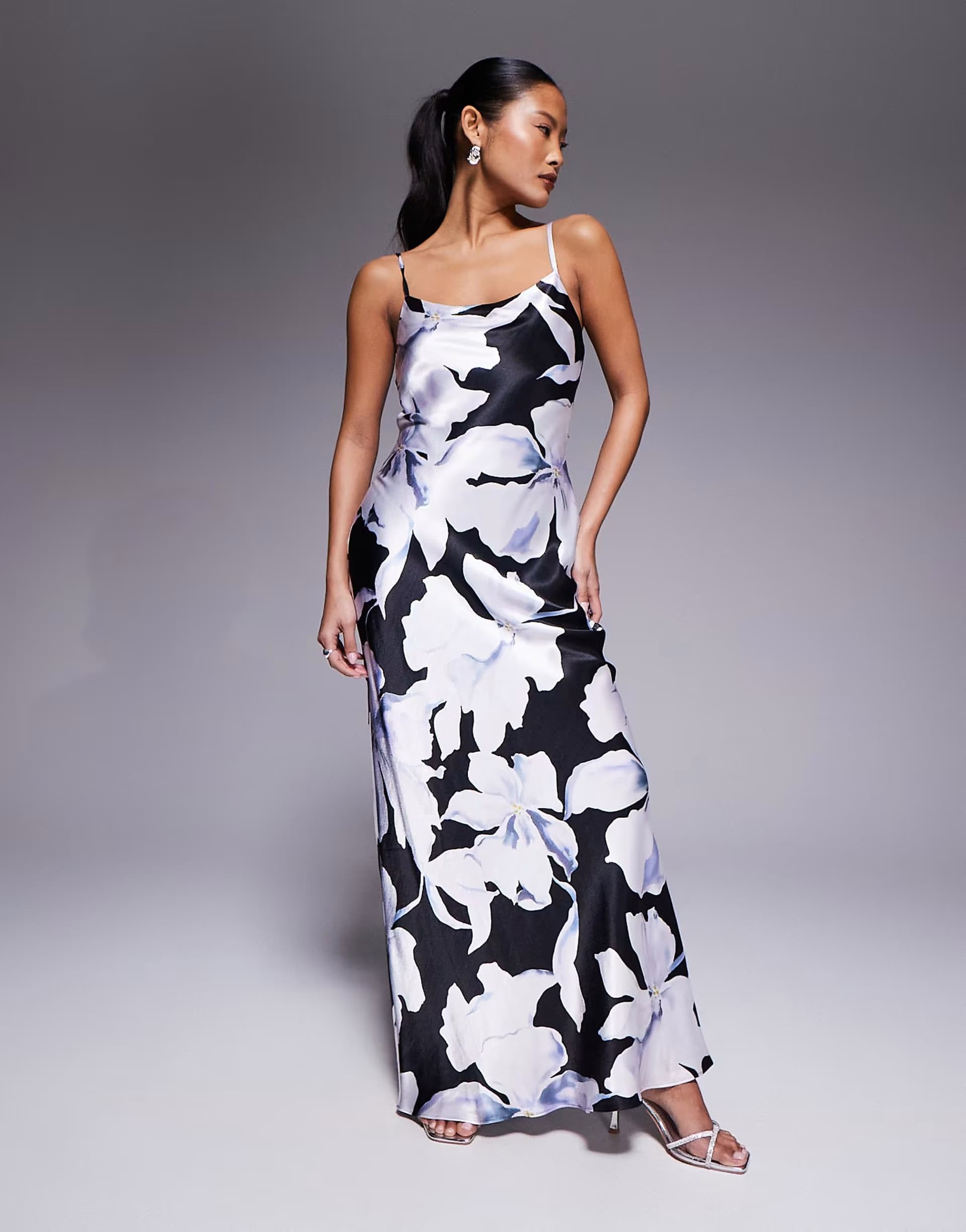 ASOS Forever New Petite satin scoop neck cami slip maxi dress in blue floral