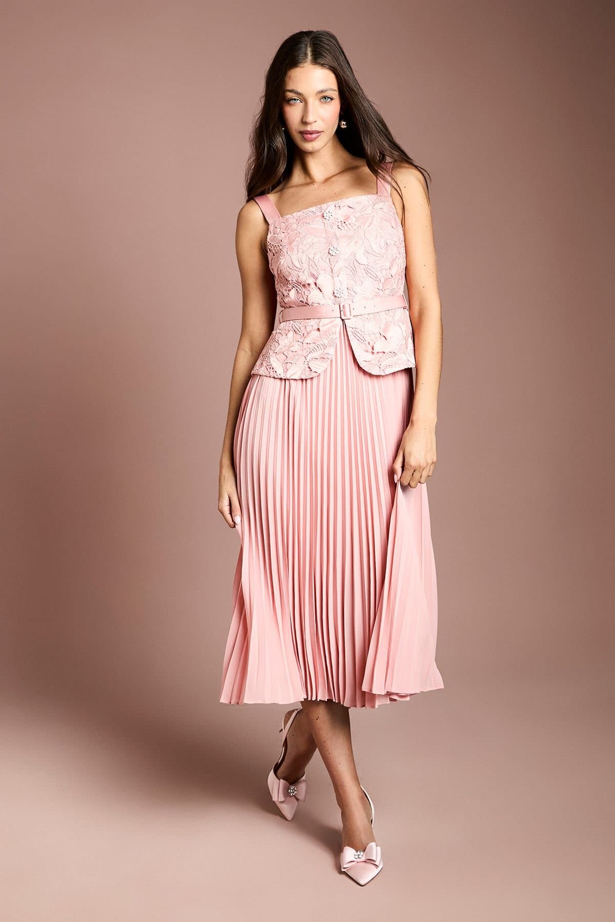 Coast Coast Women's Lace Peplum Detail Belted Pleated Midi Dress in Pink