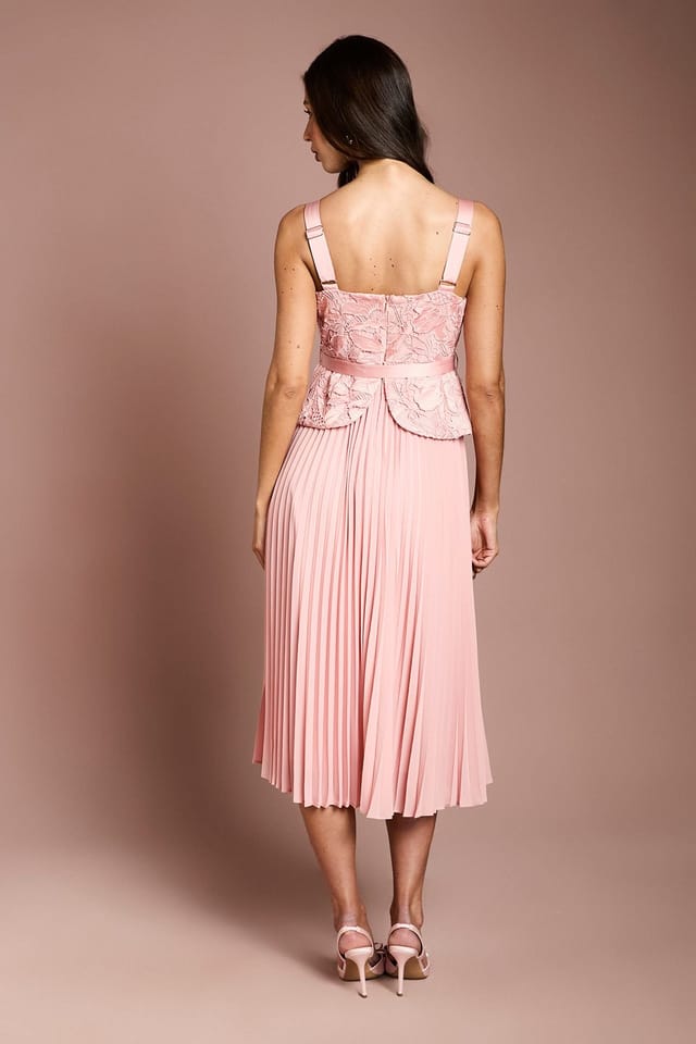 Coast Coast Women's Lace Peplum Detail Belted Pleated Midi Dress in Pink - 3