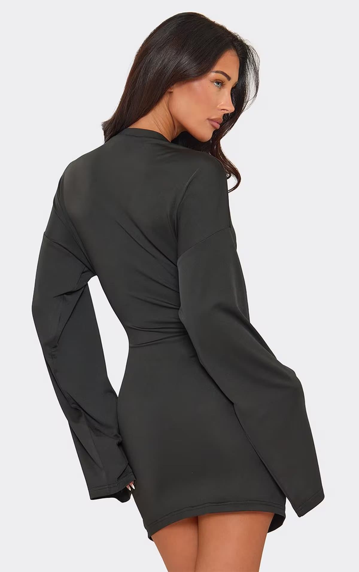 EGO Long Sleeve Trim Detail Split Leg Mini Dress In Black, Women's Size UK 6