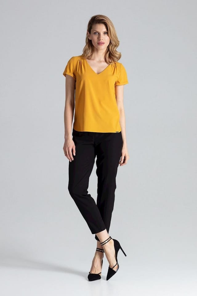 Love Lace Love Lace Women's Heart Neck Short Sleeve Blouse with Pleats Style 132479 in Yellow - 2