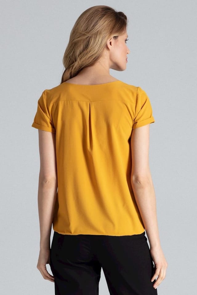Love Lace Love Lace Women's Heart Neck Short Sleeve Blouse with Pleats Style 132479 in Yellow - 3