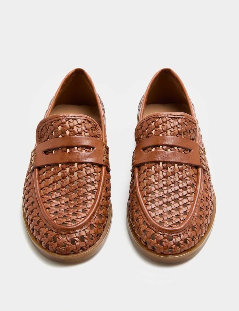 Marks & Spencer M&S Leather Woven Flat Loafers Tan - 1