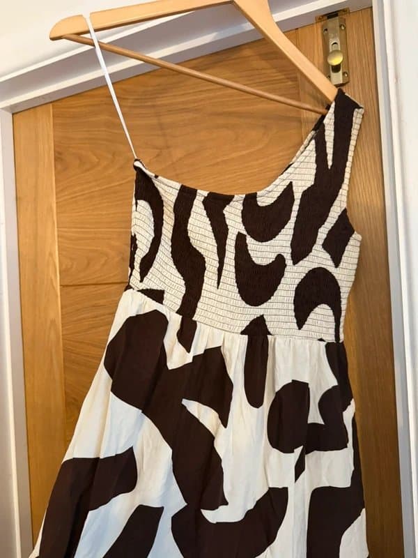 Anthropologie Anthropologie Abel the Label Brown Cream Abstract Swirl One Shoulder Shirred Tiered Smock Maxi Dress