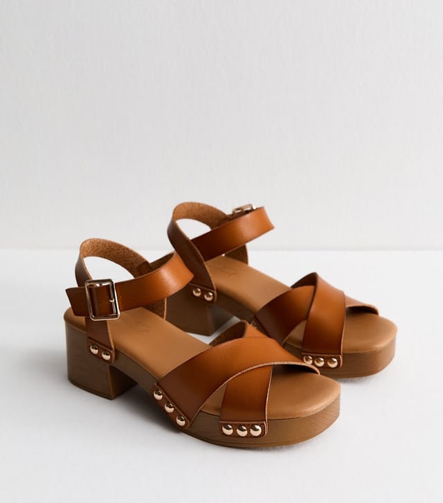 New Look Women's Tan Faux Leather Clog Block Heel Sandals Vegan New Look - 2