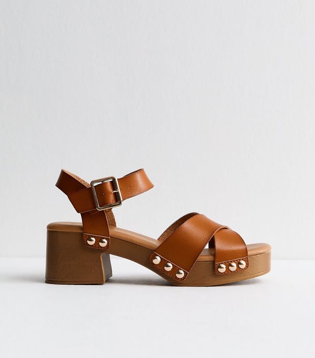 New Look Women's Tan Faux Leather Clog Block Heel Sandals Vegan New Look - 3