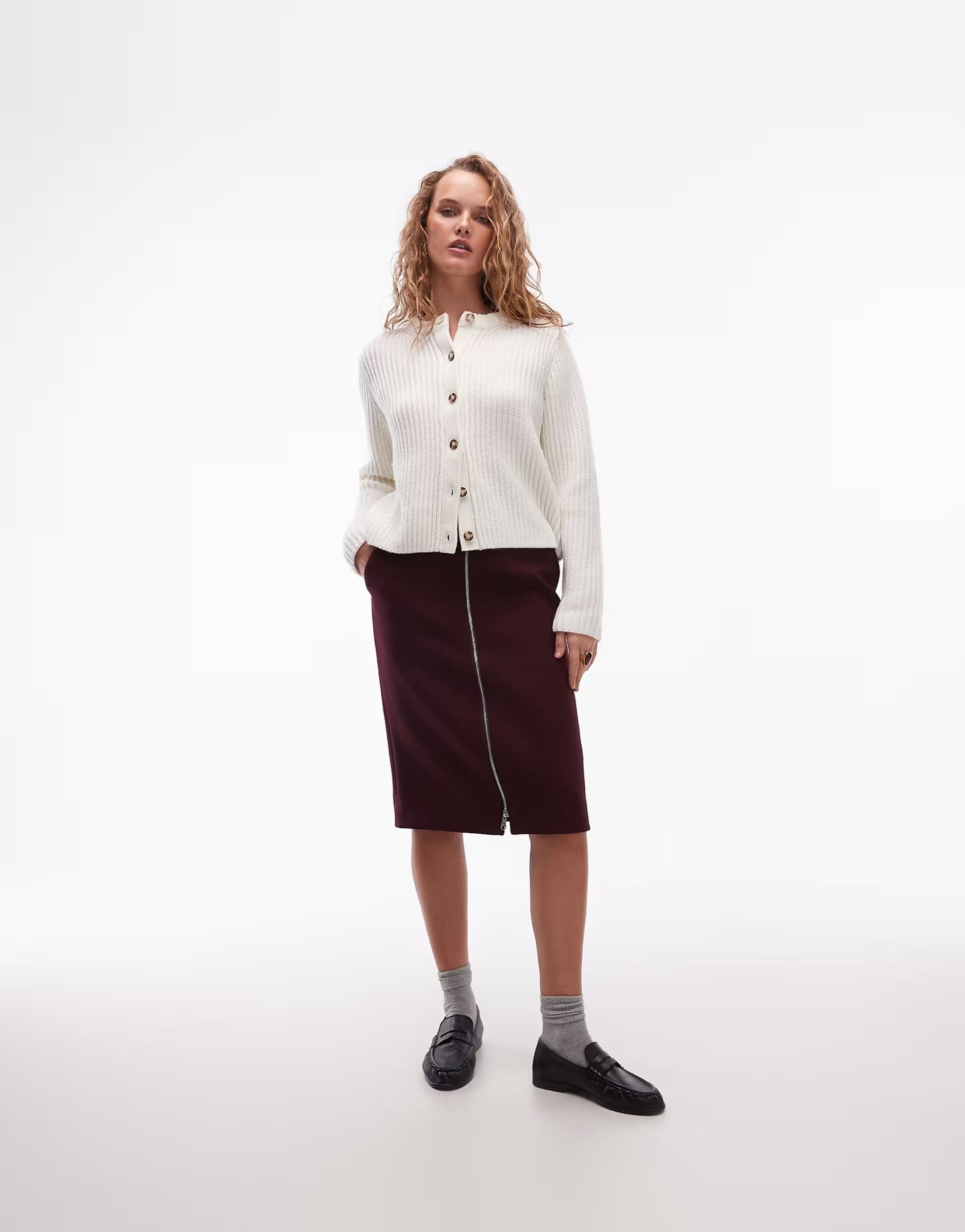 ASOS ARKET knee length skirt with zip through in burgundy