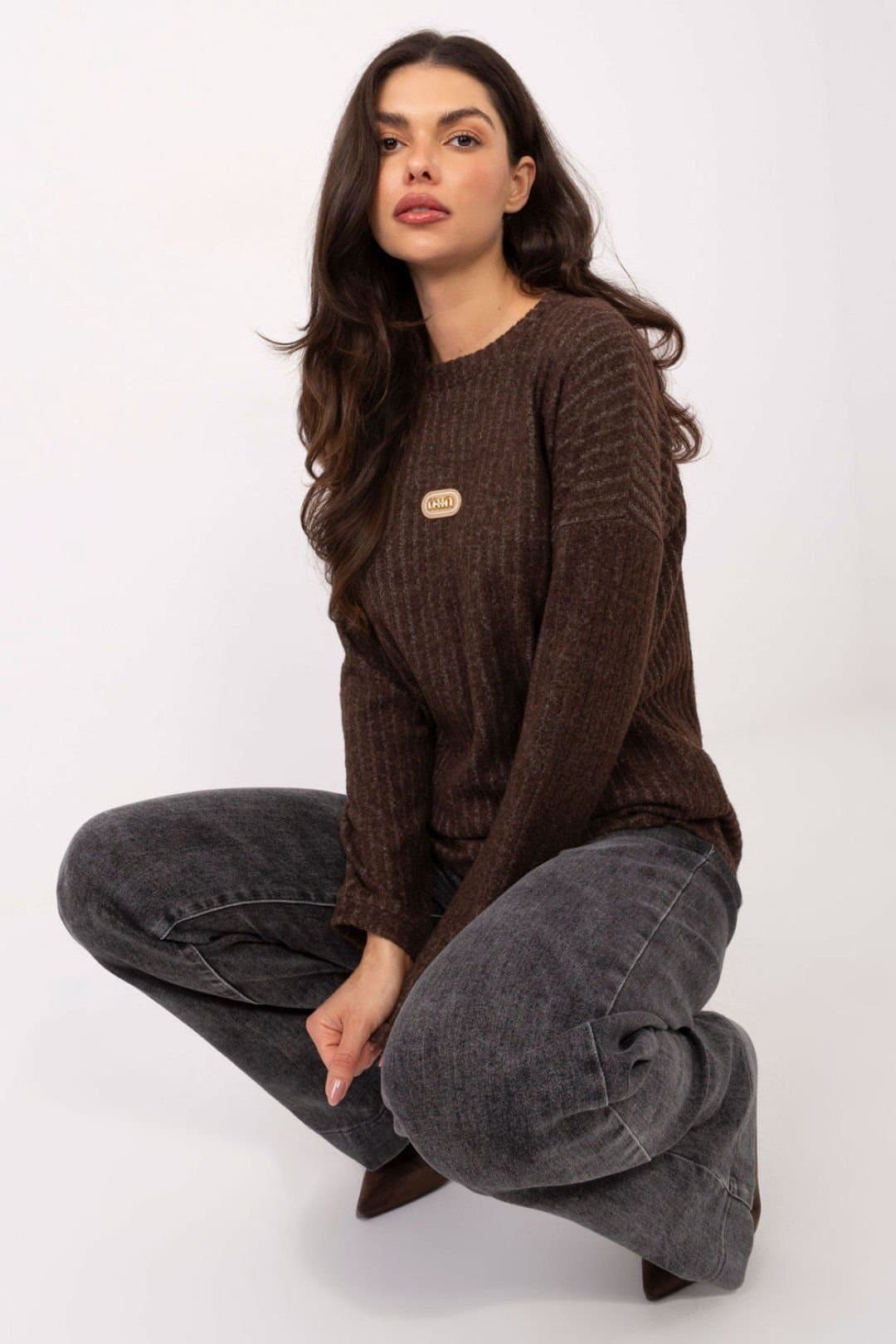 Love Lace Love Lace Women's Cotton Elastane Ribbed Patch Sweater in Brown