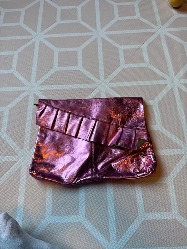 ASOS ASOS Pink Metallic Leather Envelope Style Clutch Bag with Frill Detail