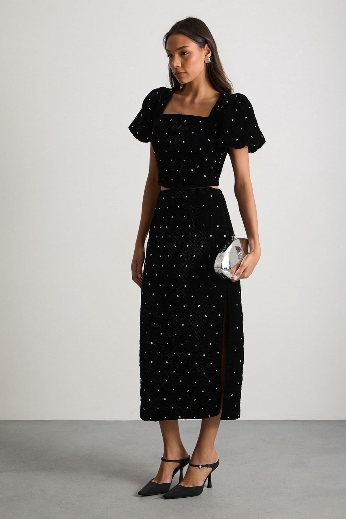 Warehouse Warehouse Women's Velvet Embellished Pencil Midi Skirt in Black