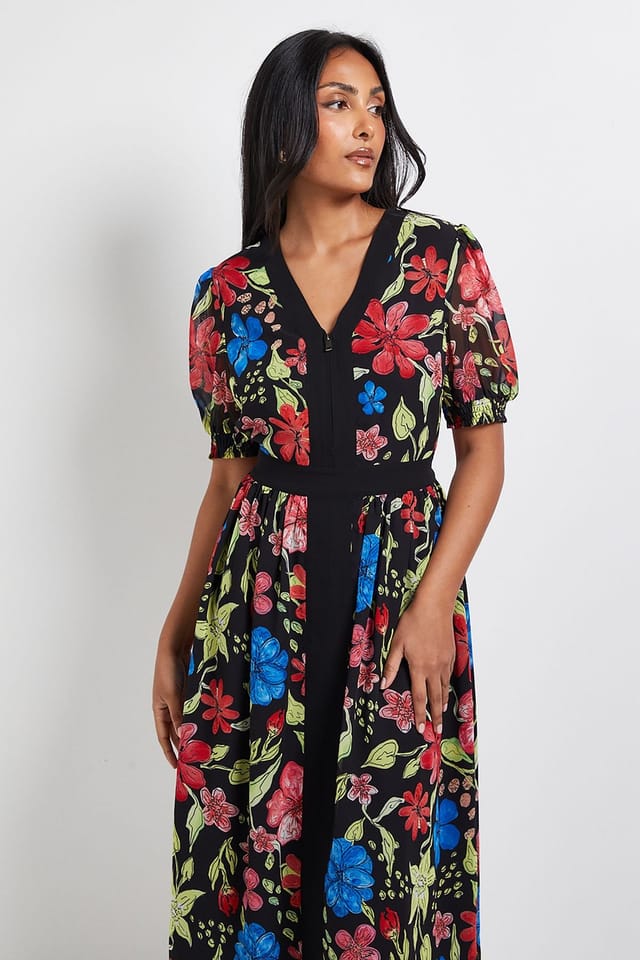 Wallis Wallis Women's Petite Floral Zip Puff Sleeve Midi Dress in Black - 2