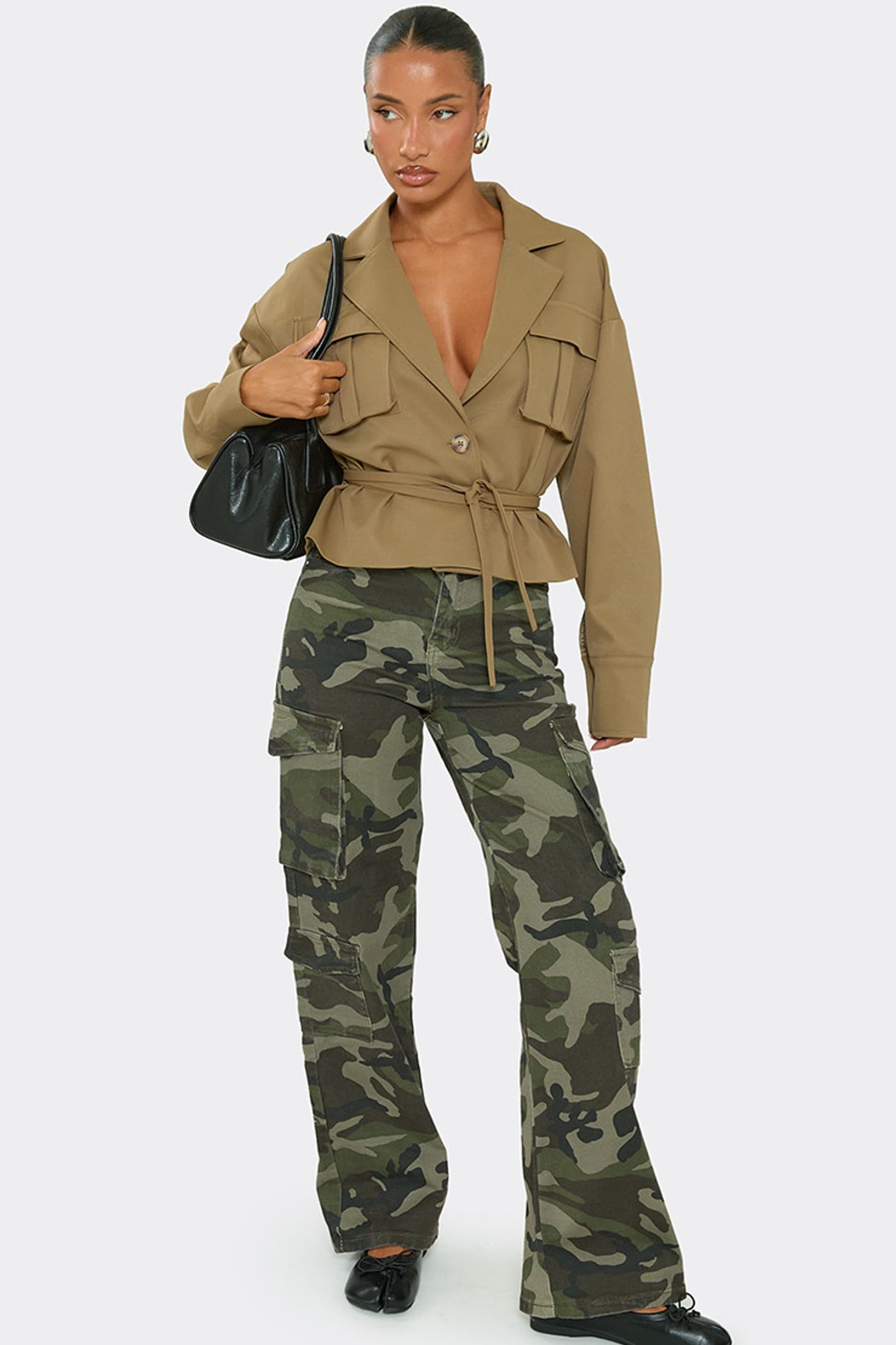 EGO EGO Women's Long Sleeve Collared Pocket Detail Coat in Khaki
