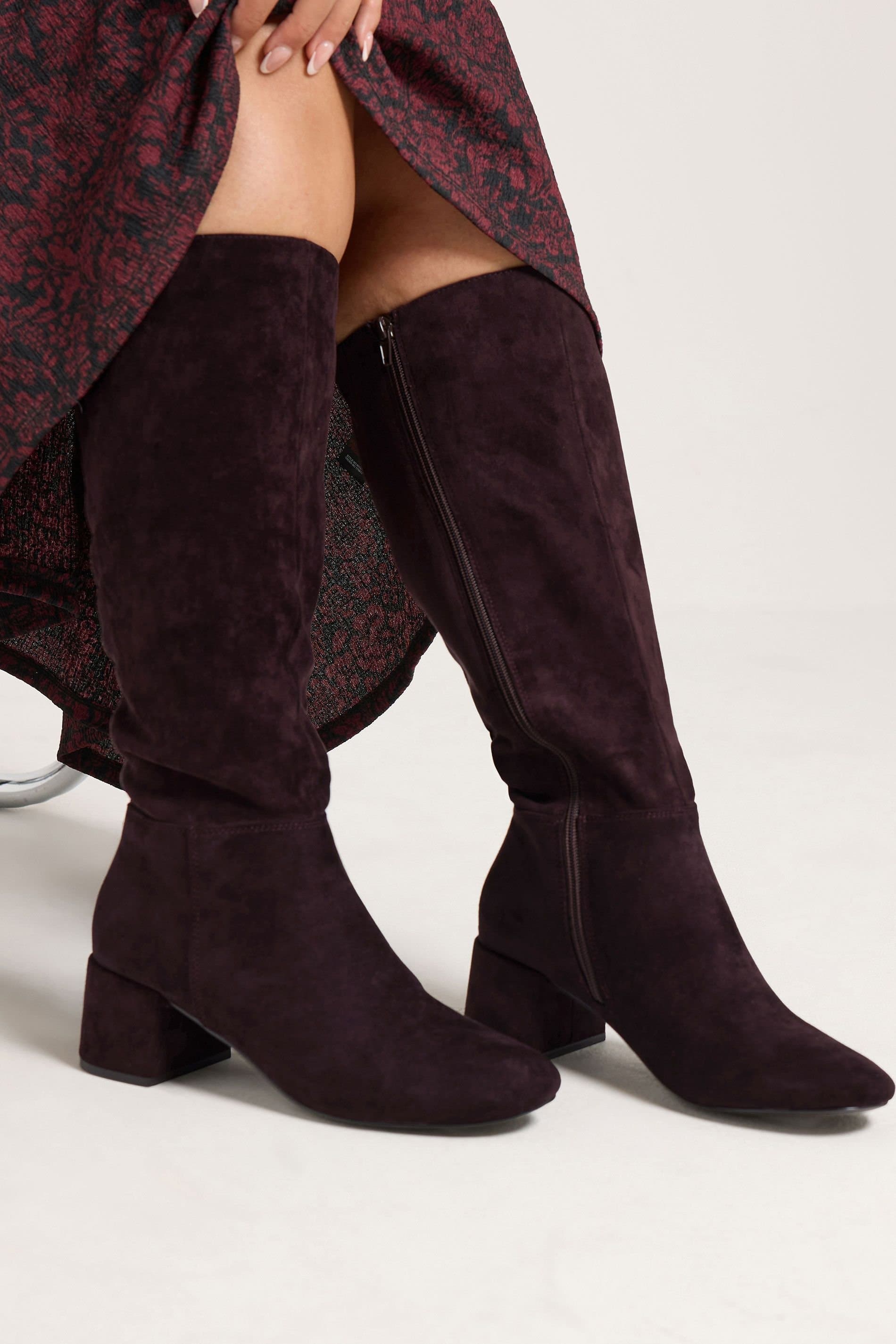 Yours Yours Women's Almond Toe Block Heel Boots In Wide E & Extra Wide EEE Fit in Brown