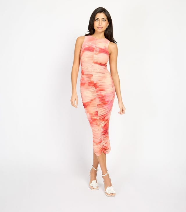 Little Mistress Women's Orange Printed Ruched Midi Dress Little Mistress New Look - 3