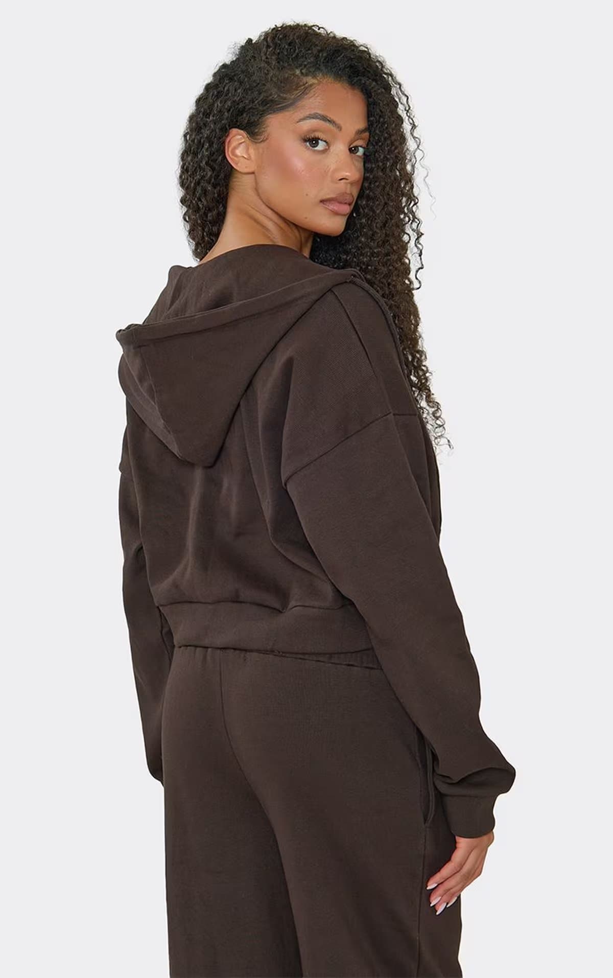 EGO Long Sleeve Boxy Hoodie In Chocolate Brown Ribbed, Women's Size UK 6