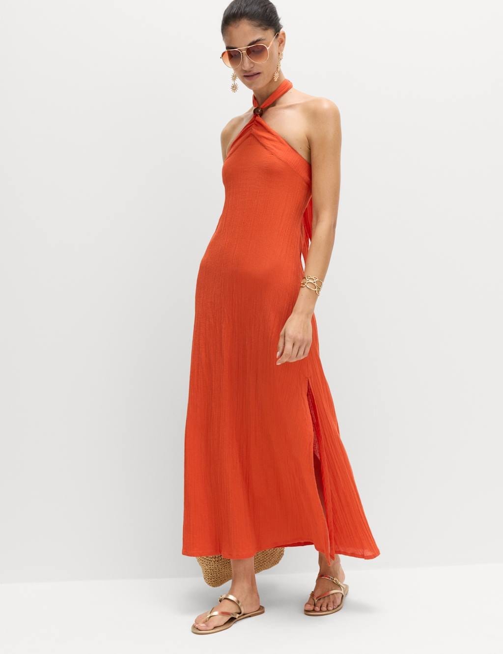 M&S Bright Orange Halter Neck Bead Detail Maxi Beach Dress